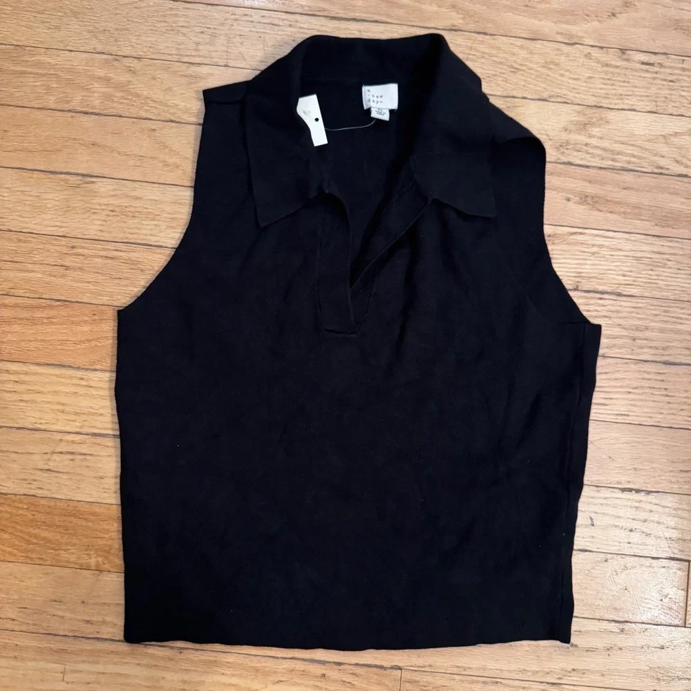A New Day Womens Sleeveless Knit Polo Shirt Black Ribbed V-Neck XL NEW
